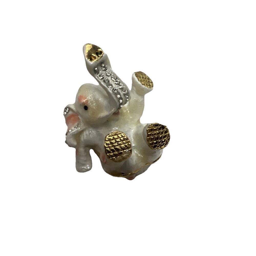 Bejeweled Enamel Hinged Trinket Box White Gold Lucky Baby Elephant w Rhinestone